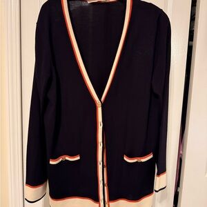 Tory Burch Black Cardigan with Cream and Red Trim